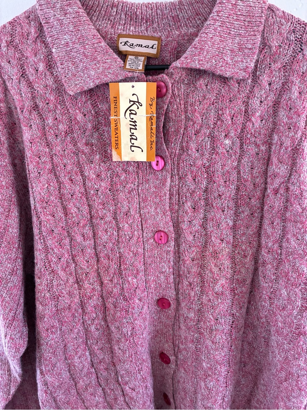 VTG 80s/90s Kamal Cable Knit Cardigan Sweater Womens 3X NWT Pink Marled Collar